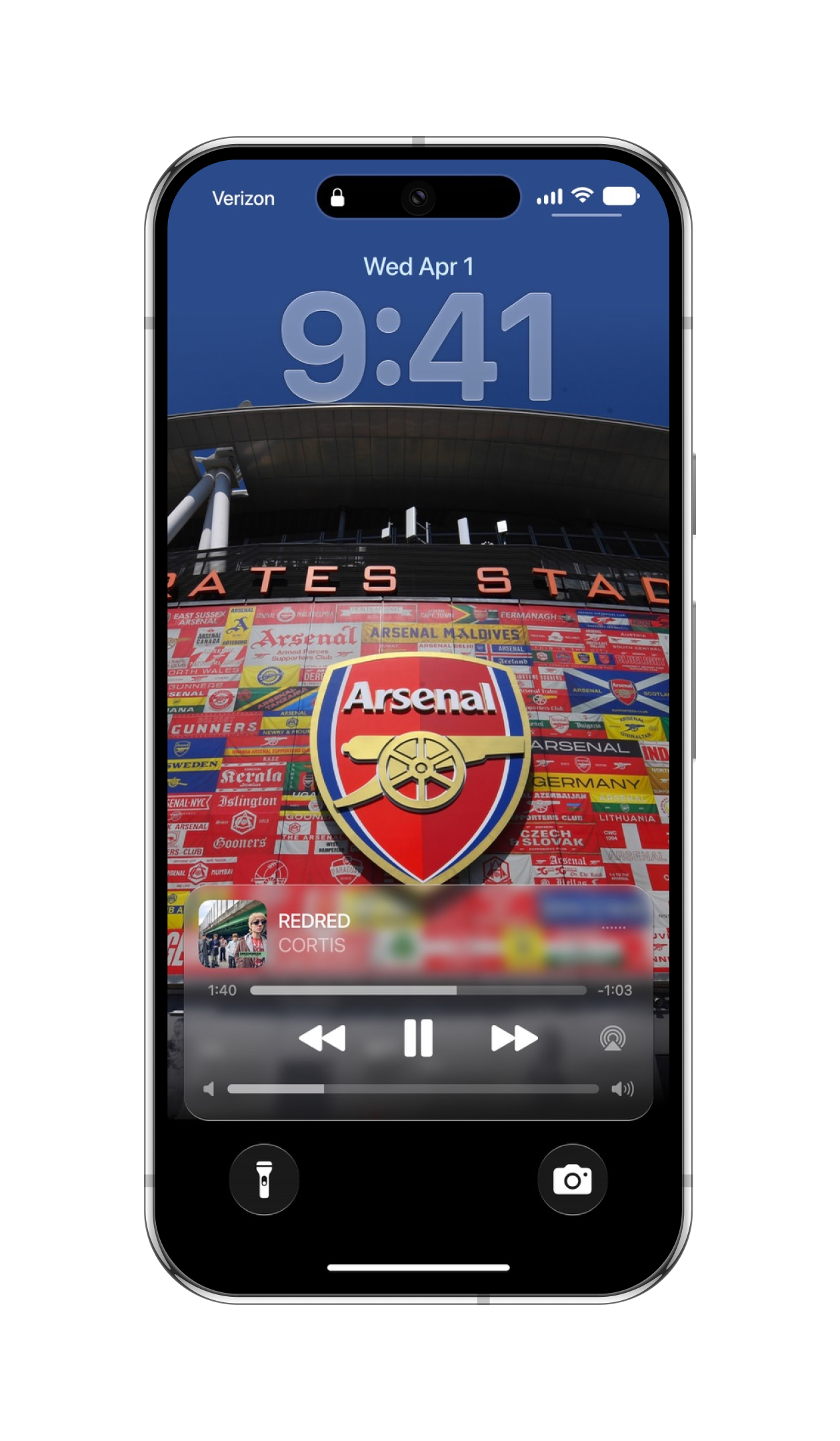 iStage 27 Liquid Glass Lock Screen with an Arsenal stadium photo
