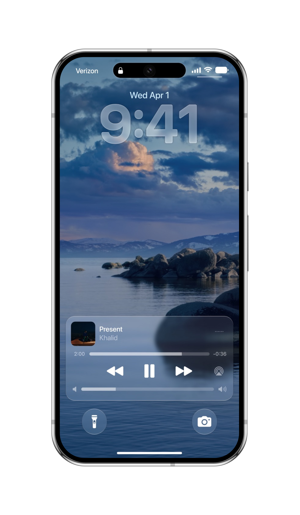 iStage 27 Liquid Glass Lock Screen with a lakeside photo