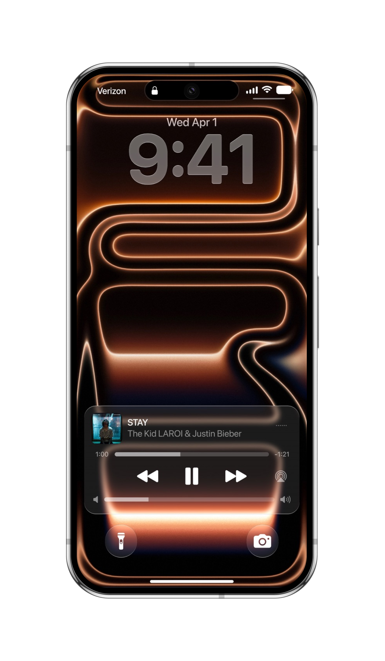 iStage 27 Liquid Glass Lock Screen with a glowing abstract wallpaper