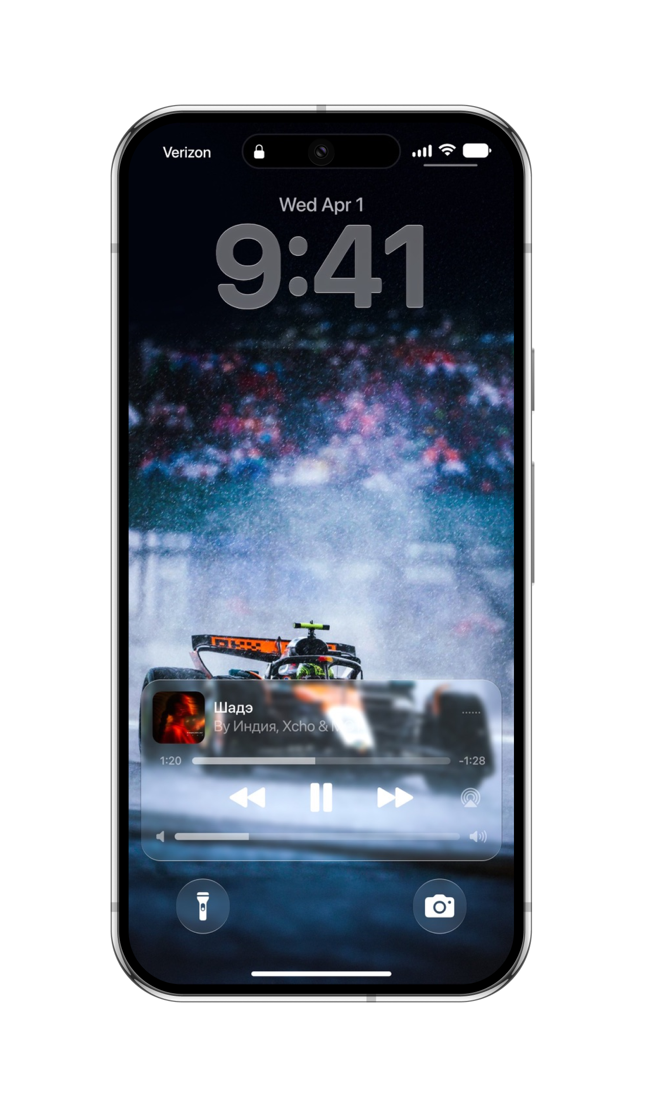 iStage 27 Liquid Glass Lock Screen with a Formula 1 photo