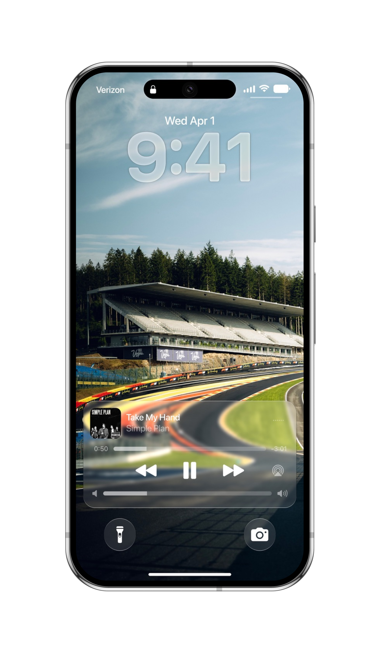 iStage 27 Liquid Glass Lock Screen with a racetrack photo