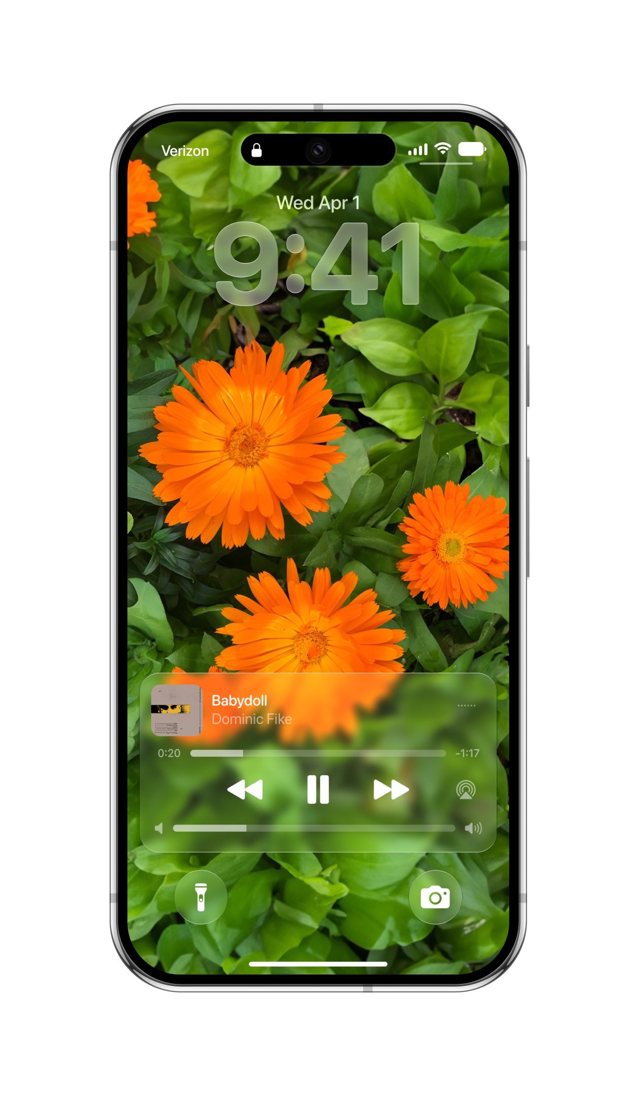 iStage 27 Liquid Glass Lock Screen with an orange flower photo